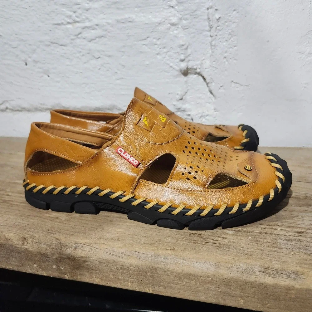 CLOHCO Mens Leather Fisherman Sandals 9917 280 Tan Brown Slip On Loafers Size 10